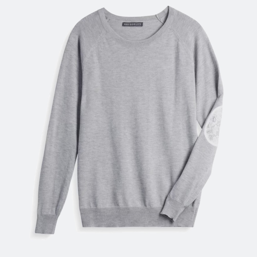 Capsule Wardrobe Classic Basic Gray Crewneck Sweater with Lace Elbow Patches